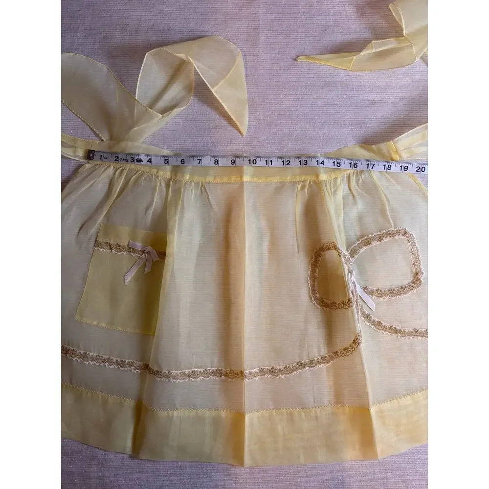 Vintage  1950s Yellow Hostess Half Apron Sheer Mid Century Housewife Bow Ribbon!